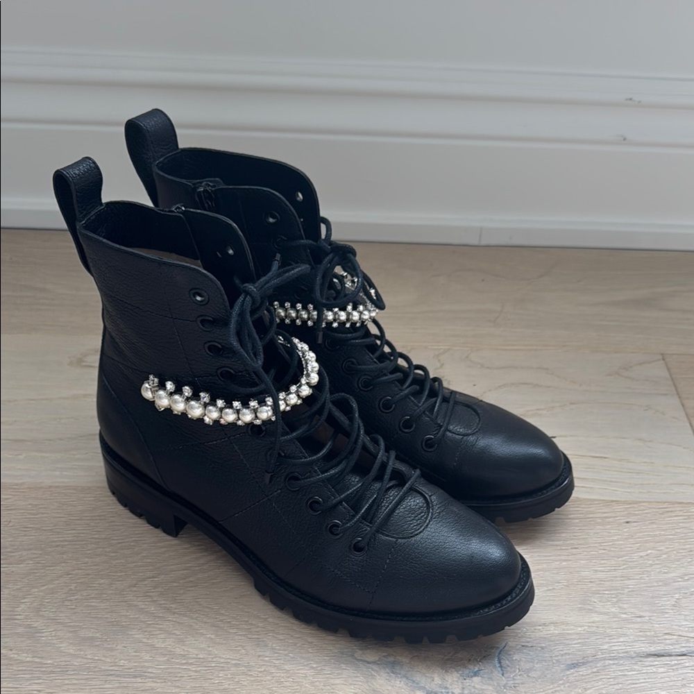 Black Leather Ankle Boots with Pearl Detailing